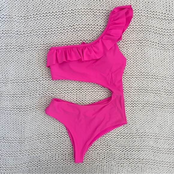 Women's Cut Out One Piece Swimsuit Ruffle Trim Asymmetrical High Waisted Small - Picture 2 of 6